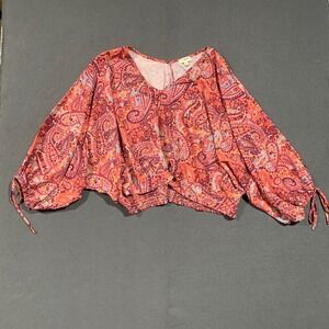 Umgee USA Womens L Pink Paisley Print Tie Sleeve Blouse‎ Top Balloon Sleeve